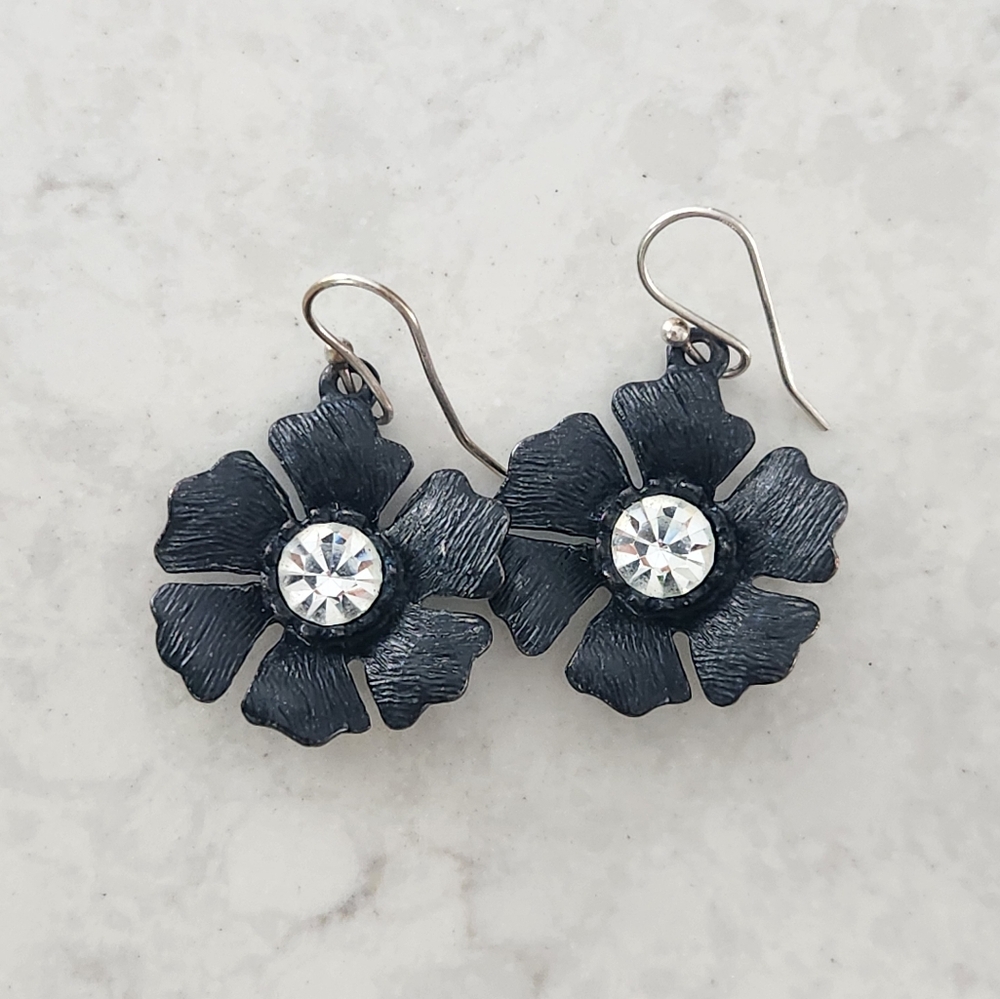 J Crew Black Flower Rhinestone Dangle Earrings